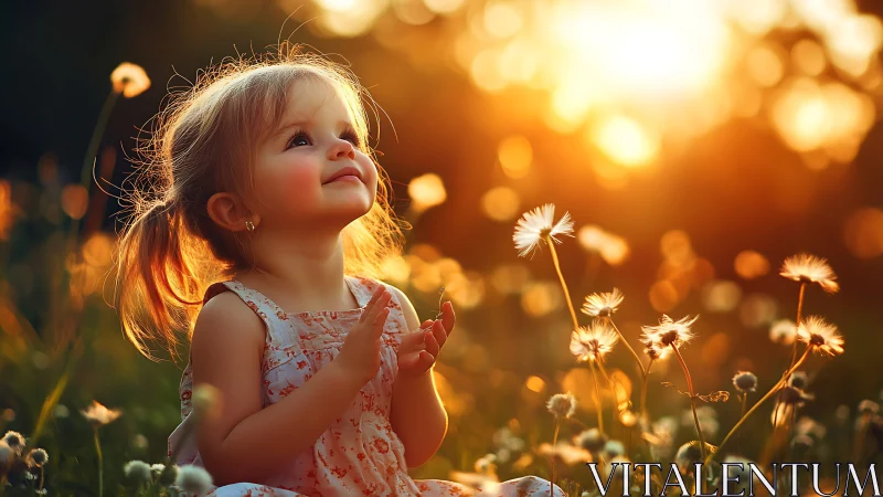 Young child in sunlit meadow surrounded by wildflowers.