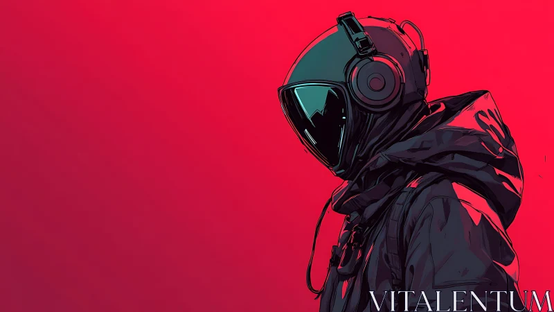 Hooded audiophile astronaut profile on neon magenta field.