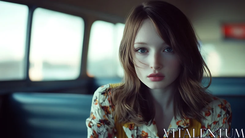Soft morning light frames pensive woman on empty bus
