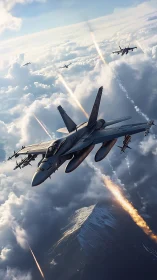 Fighter jets fly above dense clouds with bright missile trails