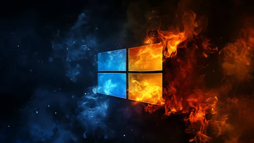 Fire and Ice Collision: Windows Logo Engulfed in Elemental Fury.
