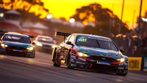 Supercars touring car battle under golden hour backlighting