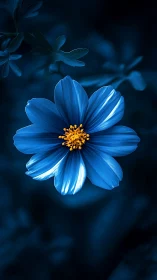 Deep Blue Cosmos: Luminescent Daisy with Golden Stamen Center.