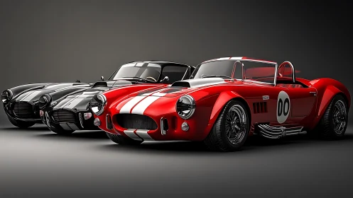 Three classic race cars aligned in studio lighting