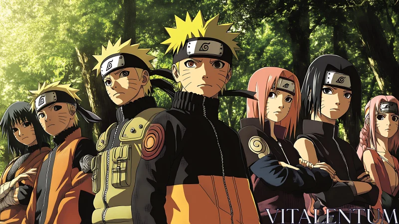 Naruto ninja team stand unified in sunlit forest clearing.