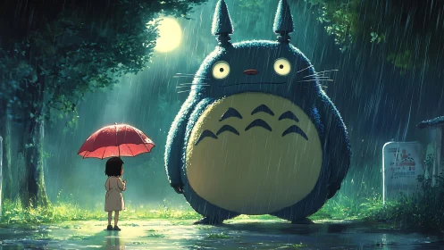 Moonlit rain welcomes a gentle forest giant and young friend
