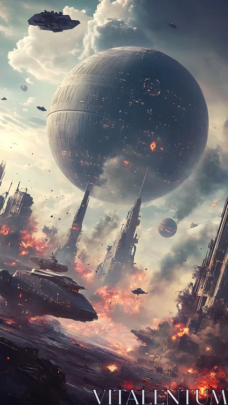 Spherical battle station over burning sci‑fi megacity skyline.