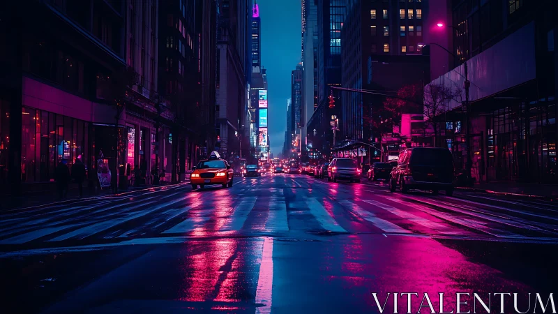 Nocturnal urban avenue with neon-saturated reflective roadway.