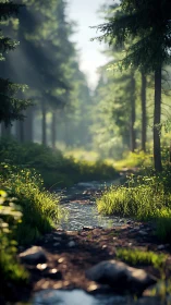 Sunlit Forest Stream: Nature's Peaceful Sanctuary.