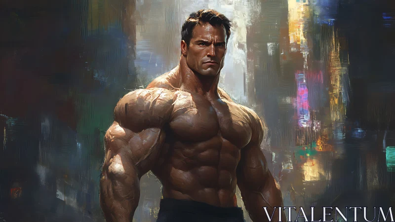 Urban titan in oil-brushed light and stormy focus.