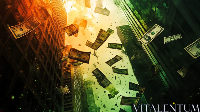 Dollar bills fall between tall city skyscrapers in glow.