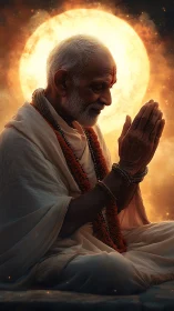 Sun-bathed sage in quiet prayer beneath a cosmic halo.