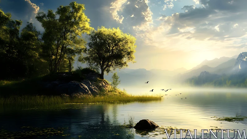 Sunlit lakeside grove with misty mountains and calm water.