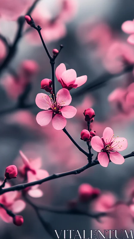 Pink blossoms on dark branches with shallow depth of field