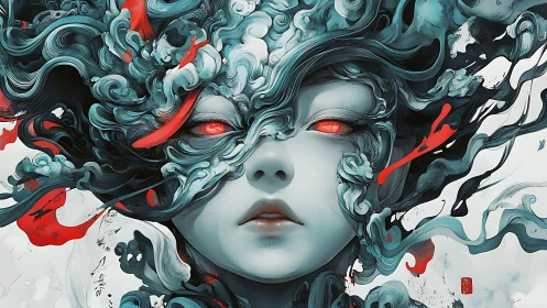 Surreal ethereal portrait with swirling cyan hair and red eyes.
