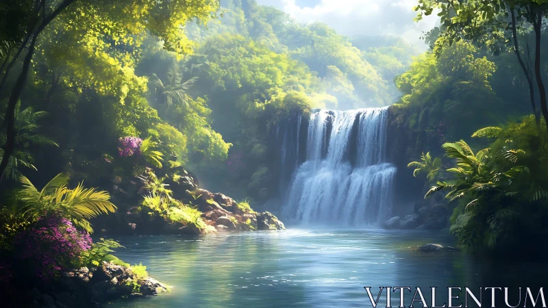 Dense forest waterfall with reflective pool in sunlight.