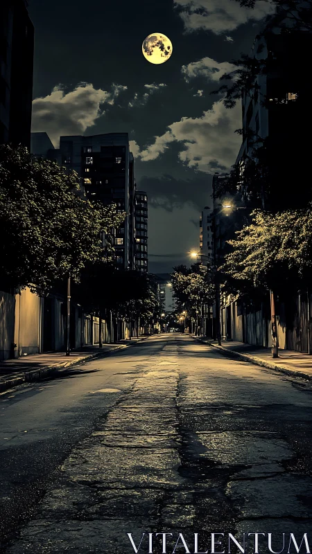Moonlit empty city street with dramatic nocturnal contrast.