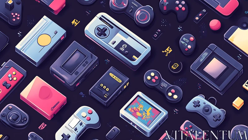 Retro gaming consoles and controllers form vibrant pattern.