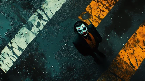 Painted clown figure stands alone on wet urban crosswalk