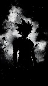 Shadow warrior silhouette amid explosive ink clouds.