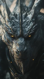 Molten-eyed obsidian dragon studies the quiet before ruin