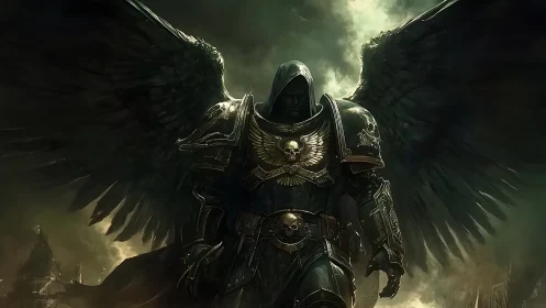 Winged dark paladin strides through stormlit war-torn sky