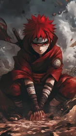 Crimson sand-channeling shinobi in dynamic crouched convergence.