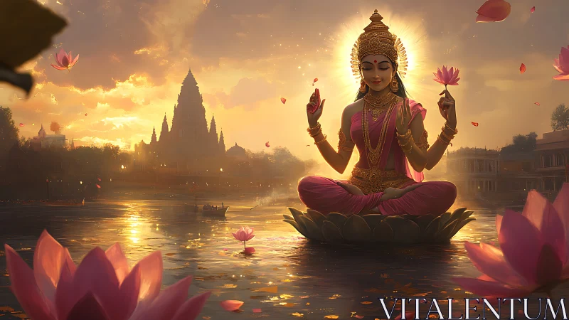 Golden sunset serenity with lotus goddess on still waters.