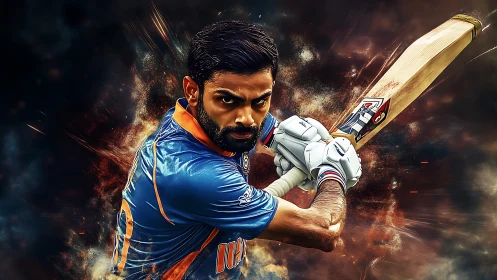 Cricket batsman drives shot through explosive smoky backdrop.