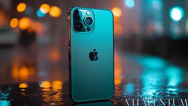 Turquoise iPhone Pro gleaming amid neon-kissed urban bokeh.