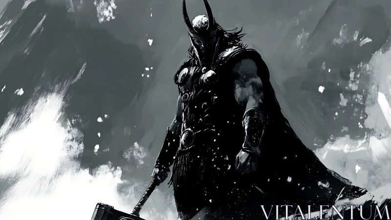 Storm-charged Norse warrior stands amid swirling winter sky