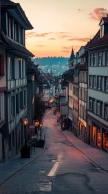 Narrow European street at dusk with leading lines and warm bokeh lighting