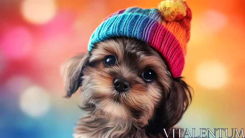 Small dog in knitted rainbow hat on blurred bokeh background.