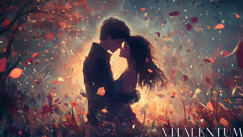 Silhouetted couple embraces amid floating autumn leaves in luminous bokeh