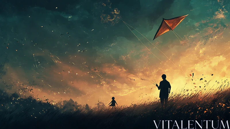 Twilight field silhouettes under a glowing kite sky scene.