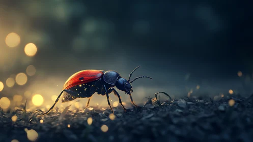 Backlit ground beetle in cinematic shallow-depth macro field.