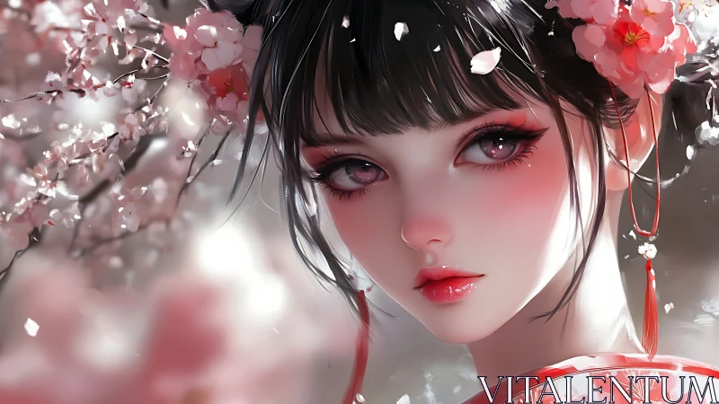 Cherry blossom maiden gazes softly through drifting petals