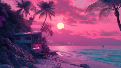 Neon sunset villa above magenta tropical shoreline dreamscape.