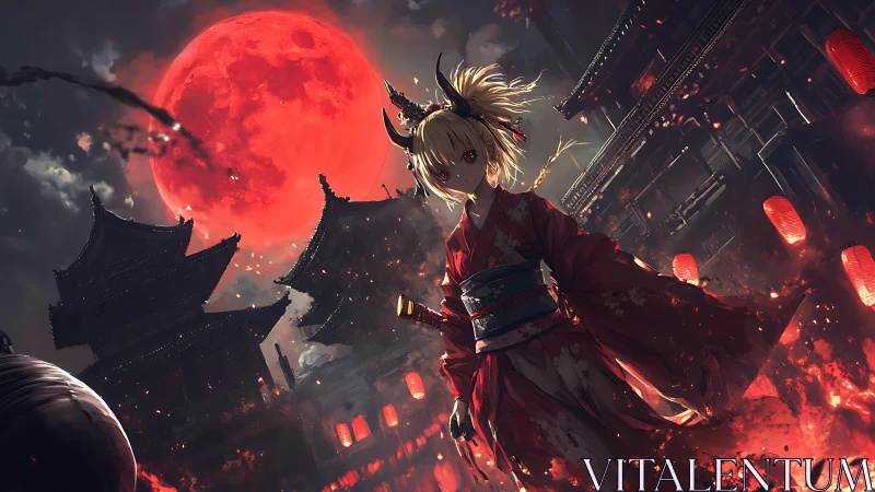 Horned kimono figure under red moon in burning streetscape.