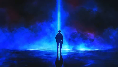 Solitary figure stands before vertical blue light beam