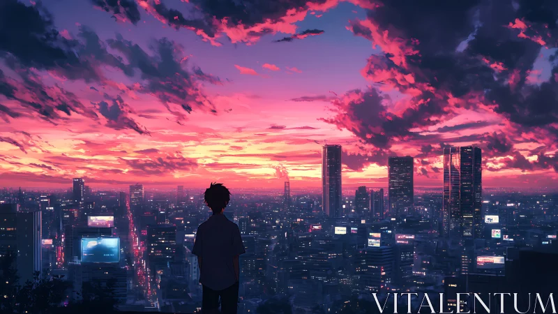 Silhouette observes dense city skyline under vivid sunset sky