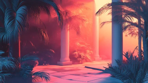 Neon jungle colonnade bathed in surreal magenta haze.
