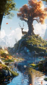 Gentle stag guarding a glowing riverside tree in soft light.