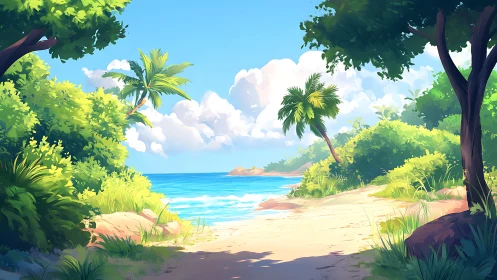 Tropical Beach Vista with Dense Jungle Framing