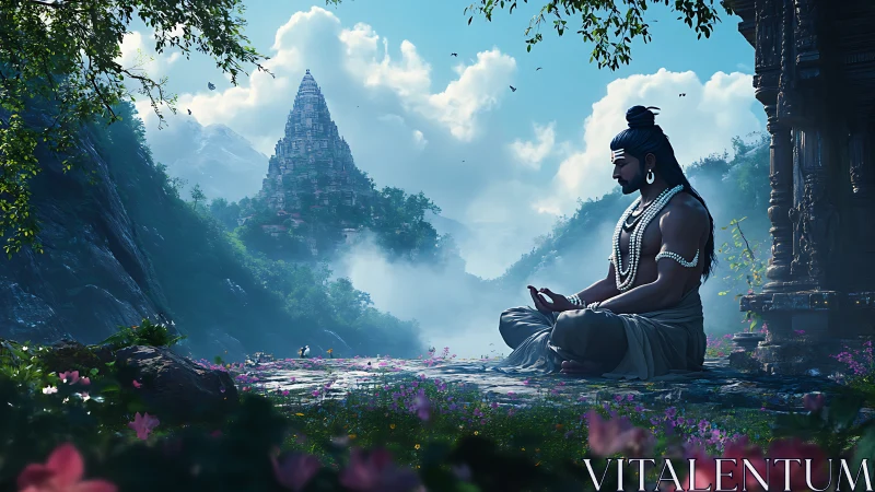 Serene mountain sage meditates beside an ancient temple garden