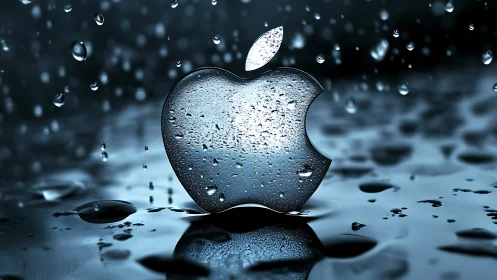 Wet Apple with Luminous Droplets Against Dark Atmospheric Background