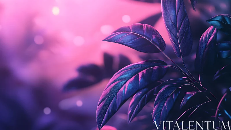 Neon backlit foliage renders iridescent leaves in soft focus