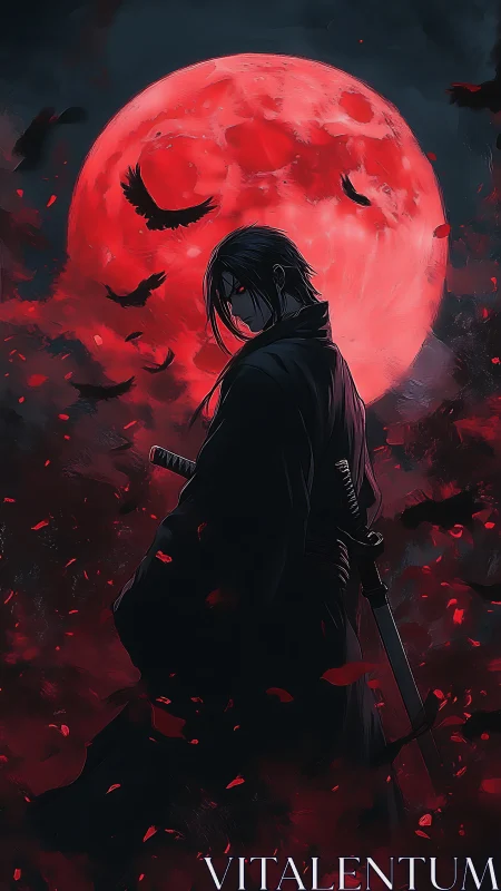 Blood moon ronin amid swirling crows and crimson petals.