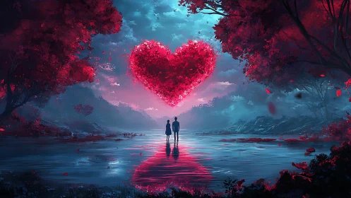 Lovers Beneath Heart-Shaped Tree in Neon Landscape.