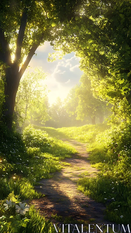 Sunlit forest path rendered with high dynamic lighting detail